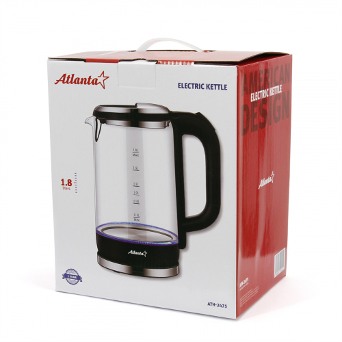 Чайник электрический ATLANTA ATH-2475 1,8л, стекло, черный фото 2