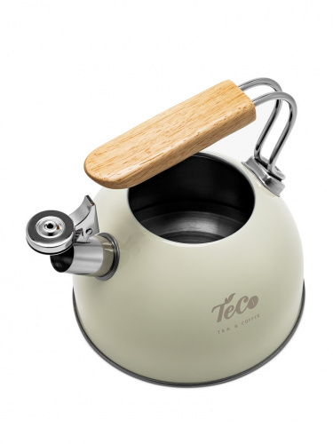 Чайник для плиты TECO TC-126 2,5л, нержавейка, бежевый с деревянной ручкой со свистком фото 3