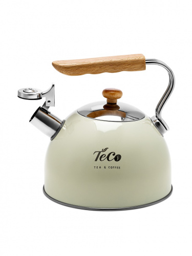 Чайник для плиты TECO TC-126 2,5л, нержавейка, бежевый с деревянной ручкой со свистком фото 2