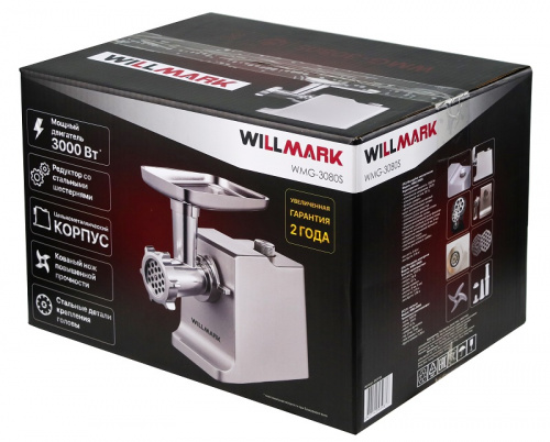 Мясорубка электрическая WILLMARK WMG-3080S (3000Вт, мет. шест. редукт., мет. корпус,ков. нож,рев, 2  фото 2