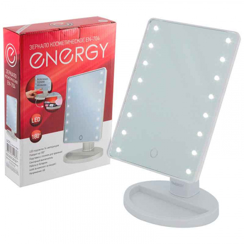 Зеркало косметическое ENERGY EN-704, LED подсветка LED подсветка (16 светодиодов)
Сенсорная кнопка включение/выключение
Регулировка яркости подсветки
Размер зеркальной поверхности 16,5*21,5 см
Регулировка наклона зеркала
Удобный отсек для мелочей в подставке
Питание от батареек: 4 х AA (в комплект не входят)