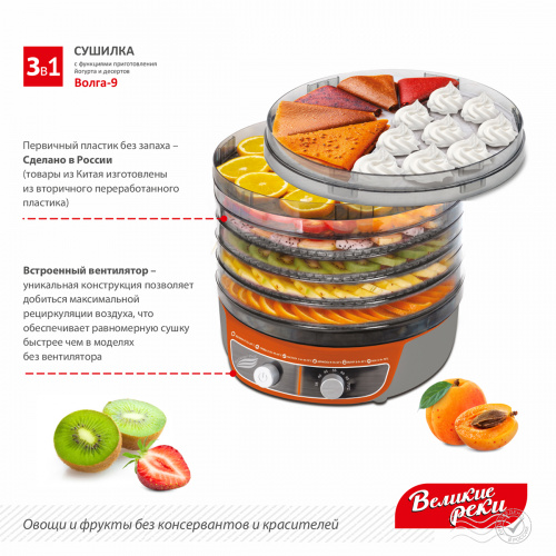 Сушилка для овощей 3в1 с функциями приготовления йогурта и десертов + поддон для пастилы в подарок Великие Реки Волга-9 серо-оранжевая фото 3