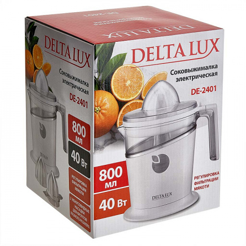 Соковыжималка DELTA LUX DE-2401 белый.:40 Вт, емкость для сока 800 мл (12) фото 4 Номинальная потребляемая мощность 40 Вт
Емкость чаши 800 мл
Описание
Соковыжималка электрическая предназначена для извлечения сока из лимона, лайма, апельсина и грейпфрута в бытовых и аналогичных условиях
Корпус из пластика
Цвет: белый
Прозрачная чаша с мерной шкалой
Прозрачная крышка
Две конусовидные насадки разных размеров
Противоскользящие резиновые ножки
Односкоростной режим работы
Вращение в обе стороны
Регулировка фильтрации мякоти
Возможность мытья чаши в посудомоечной машине
Упаковка: цветная коробка фото 4