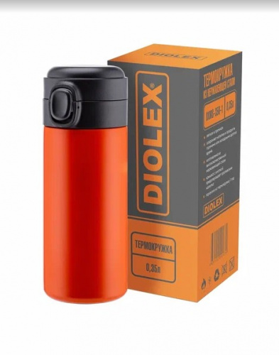 Термокружка Diolex DXMS-350-1 350 мл с кнопкой клапаном (оранжевая) фото 2